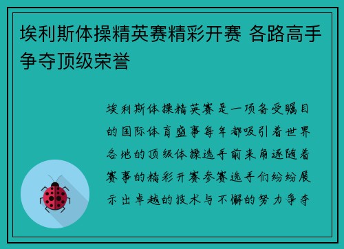 埃利斯体操精英赛精彩开赛 各路高手争夺顶级荣誉